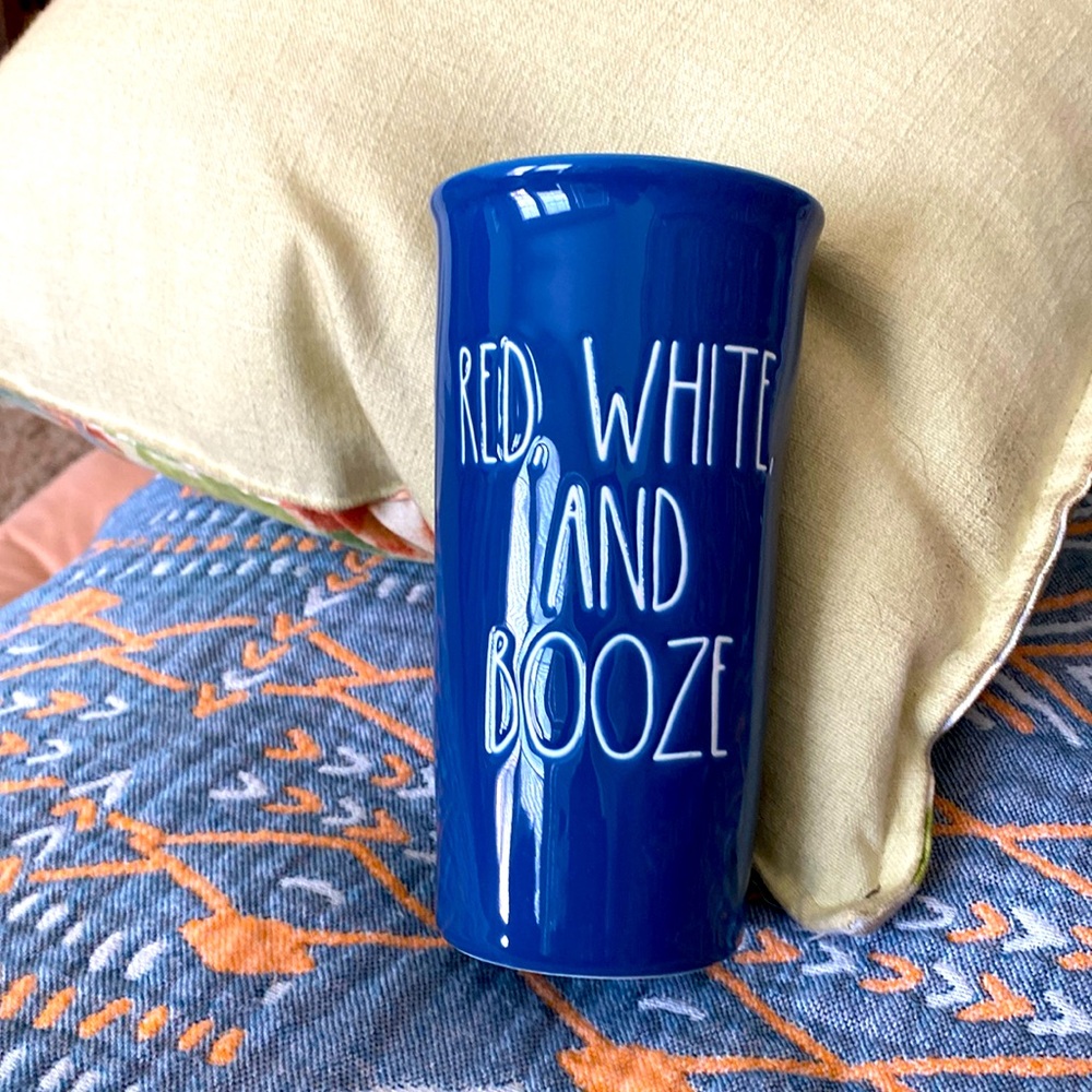 RAE DUNN tall ceramic tumbler. Blue w/ white writing. In EUC. Summer 250 years